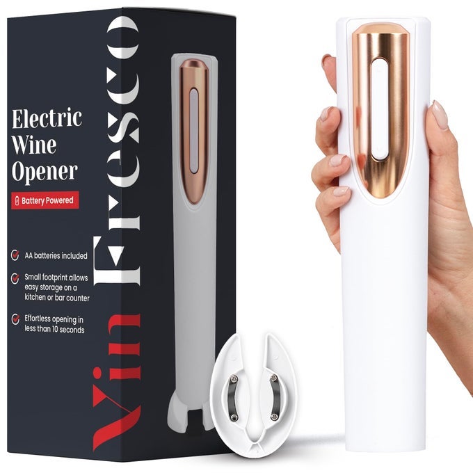 ELECTRIC WINE OPENER BATTERY OPERATED WITH STAND AND BUILTIN FOIL CUTTER AUTOMATIC WINE OPENER ELECTRIC CORKSCREW FOR EASY CORK REMOVAL BEST GIFT FOR WINE LOVER WHITE ROSE GOLD