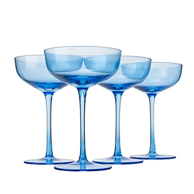Blue Colored Martini, and Coupe Glass | 7oz | Set of 4 Colorful Valentine's Day Gifts & Glasses, Fancy Manhattan, Crystal Barware Gifts (Ocean Blue)