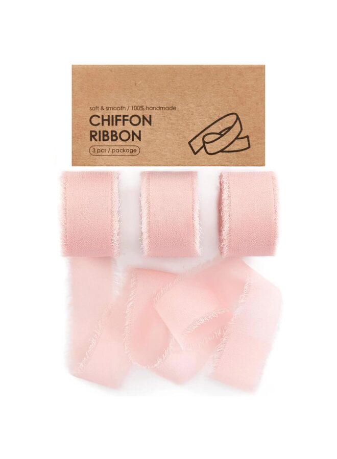 LAMAY 3PCS Chiffon Ribbon Mixed Color Ribbon Set Tassel Fabric for Wedding Invitations, Bridal Bouquets, Party Decorations, Gift Wrapping, Bow Making (Pink) - Image 1