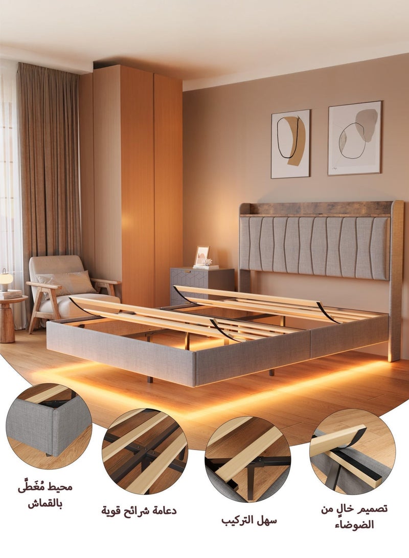 يانارا سرير معلق مقاس 160 سم (مقاس كوين) مع لوح رأس للتخزين وإضاءة LED هيكل معدني بإطار كامل مبطّن من قماش الكتان، ويضم محطة شحن مدمجة، وتركيب سهل - لا حاجة لسرير نابضي، باللون الرمادي - Image 4