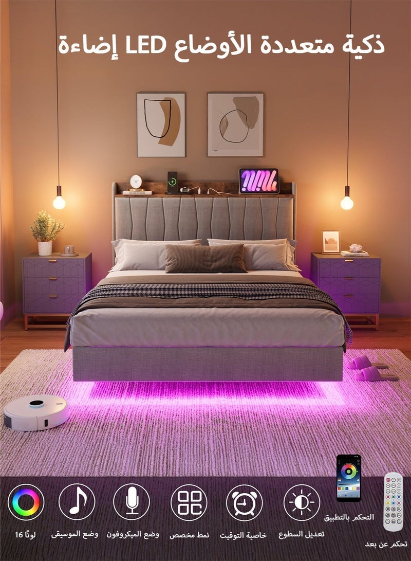 يانارا سرير معلق مقاس 160 سم (مقاس كوين) مع لوح رأس للتخزين وإضاءة LED هيكل معدني بإطار كامل مبطّن من قماش الكتان، ويضم محطة شحن مدمجة، وتركيب سهل - لا حاجة لسرير نابضي، باللون الرمادي - Image 5