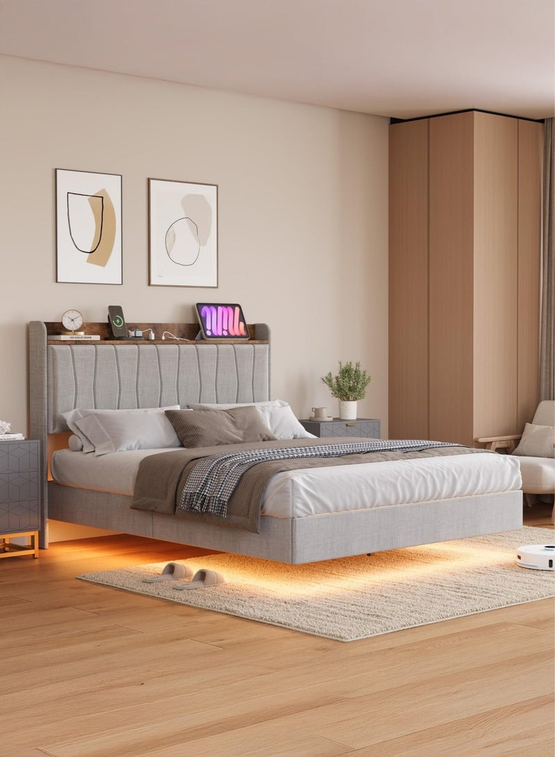 يانارا سرير معلق مقاس 160 سم (مقاس كوين) مع لوح رأس للتخزين وإضاءة LED هيكل معدني بإطار كامل مبطّن من قماش الكتان، ويضم محطة شحن مدمجة، وتركيب سهل - لا حاجة لسرير نابضي، باللون الرمادي - Image 2