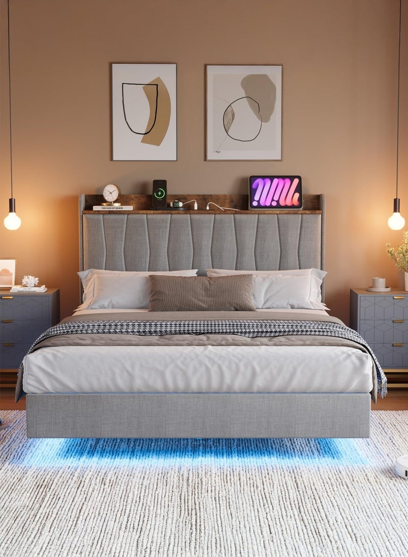 يانارا سرير معلق مقاس 160 سم (مقاس كوين) مع لوح رأس للتخزين وإضاءة LED هيكل معدني بإطار كامل مبطّن من قماش الكتان، ويضم محطة شحن مدمجة، وتركيب سهل - لا حاجة لسرير نابضي، باللون الرمادي - Image 1