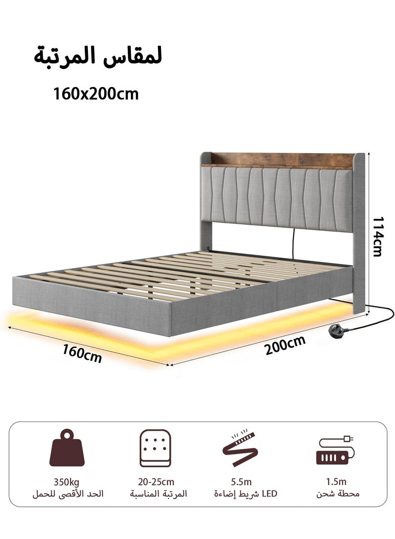يانارا سرير معلق مقاس 160 سم (مقاس كوين) مع لوح رأس للتخزين وإضاءة LED هيكل معدني بإطار كامل مبطّن من قماش الكتان، ويضم محطة شحن مدمجة، وتركيب سهل - لا حاجة لسرير نابضي، باللون الرمادي - Image 3