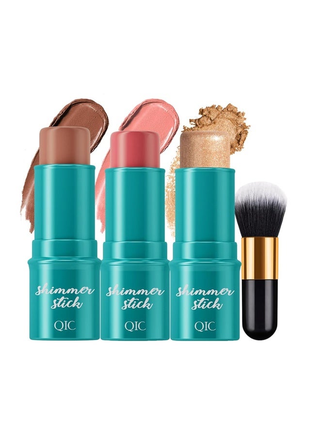 QIC 3pcs Face Contour Stick, Highlighter Stick Blush Stick Cream Contour Kit Makeup Set with Brush, Contouring Stick for Fair Skin, Concealer Stick Makeup for Beginner Women Teen Girls - Image 1