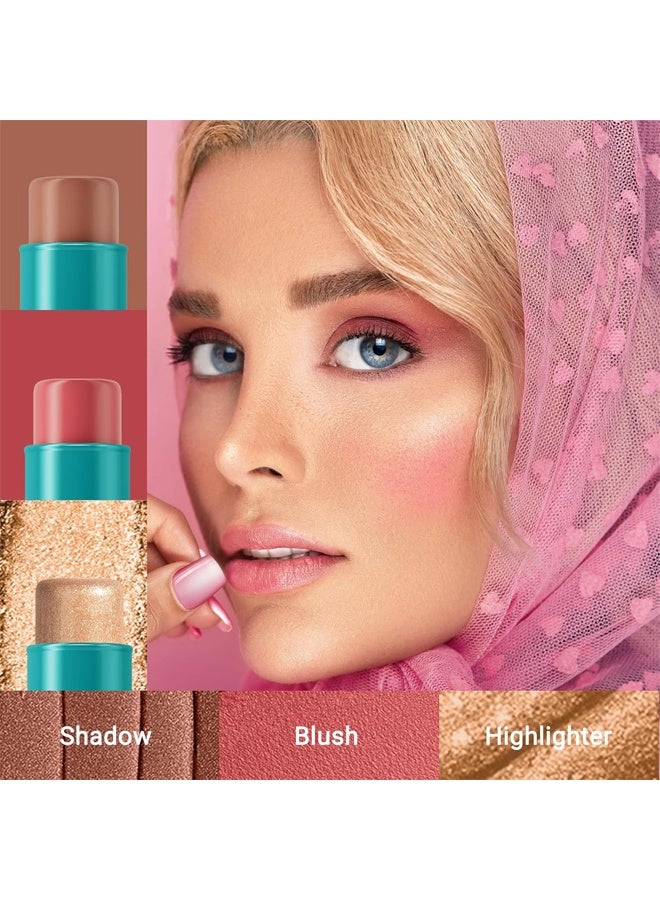 QIC 3pcs Face Contour Stick, Highlighter Stick Blush Stick Cream Contour Kit Makeup Set with Brush, Contouring Stick for Fair Skin, Concealer Stick Makeup for Beginner Women Teen Girls - Image 2