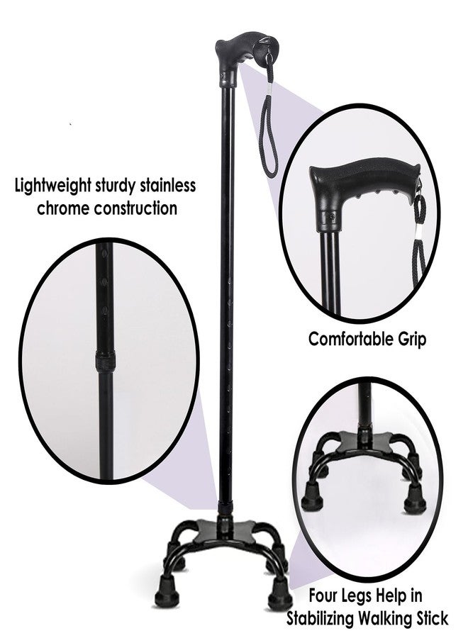 MCP Quadripod Height Adjustable Aluminium Four Legged Walking Stick for Men, Women, Old People Senior Citizens Patients Support, Trekking 4 Leg Cane Stick (Black) - Image 2