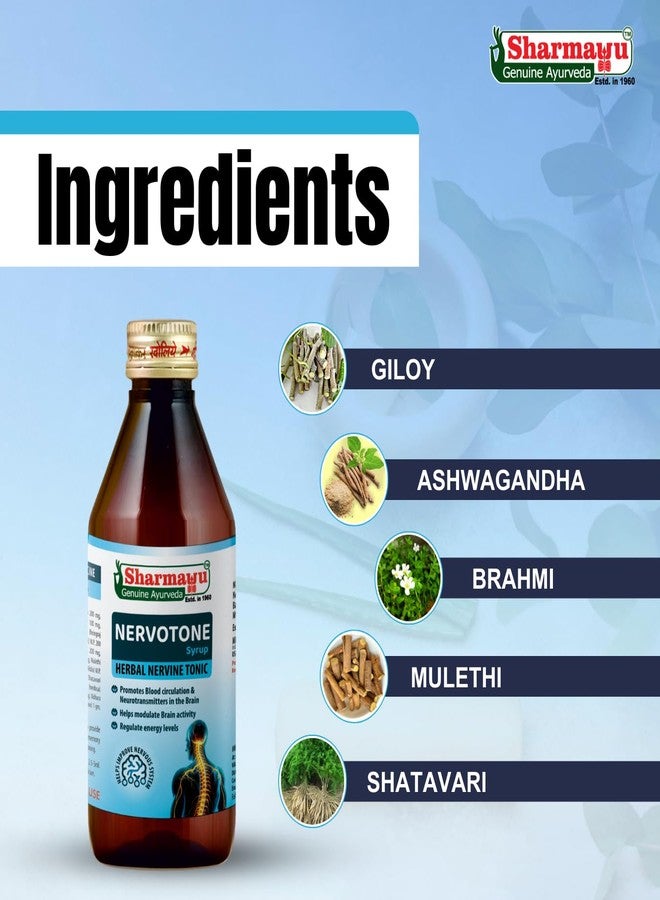 Sharmayu Nervotone Syrup for Brain Health, Stress Relief & Nerve Weakness - Supports Mental Calmness & Energy - Ayurvedic Syrup for Adults & Kids - 450ml - Image 3