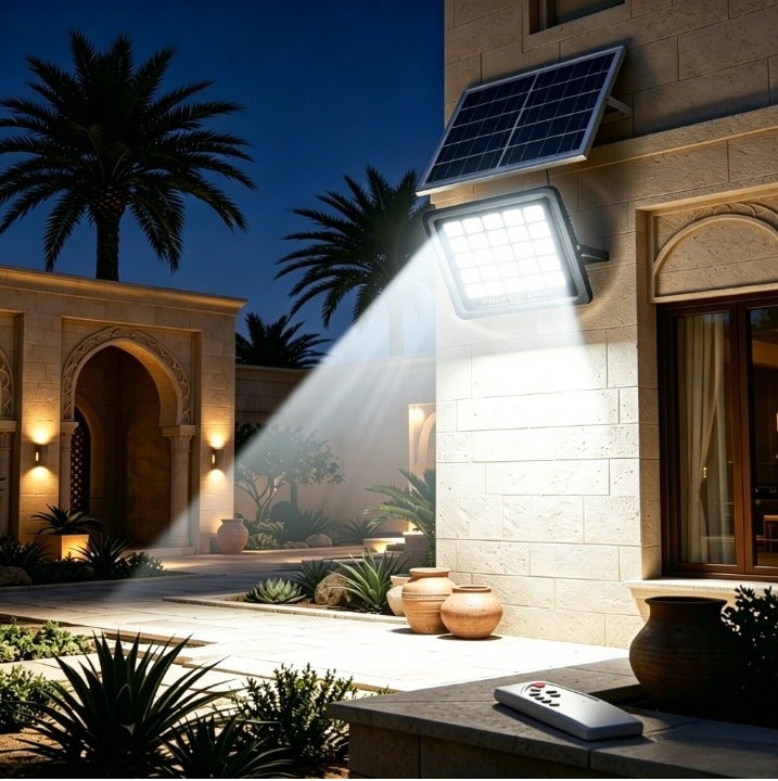 متقطع كشاف LED فائق السطوع يعمل بالطاقة الشمسية بقدرة 500 واط | مقاوم للعوامل الجوية بمعيار IP67 | جهاز تحكم عن بعد ذكي وخاصية التشغيل التلقائي من الغسق إلى الفجر | إضاءة واسعة للمساحات الكبيرة في الفيلات ومواقف السيارات - Image 1