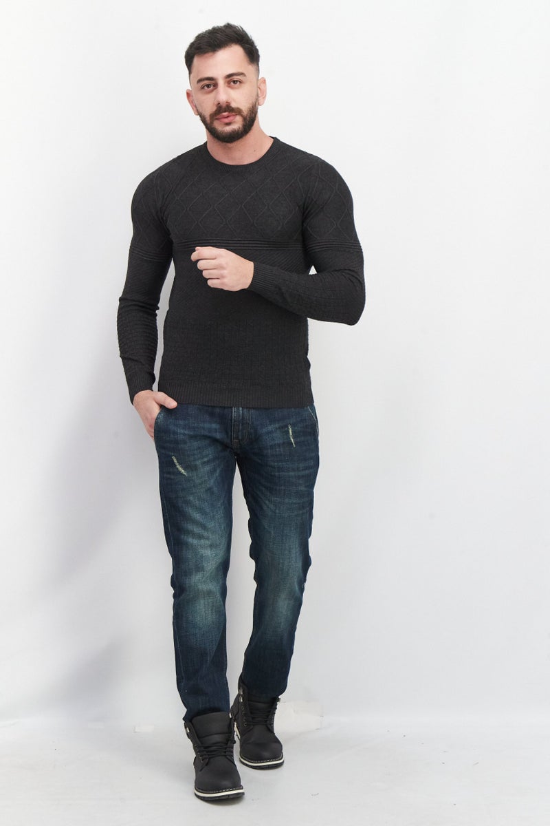 Sorbino Men Crew Neck Long Sleeve Textured Sweatshirt, Black Heather - Image 4