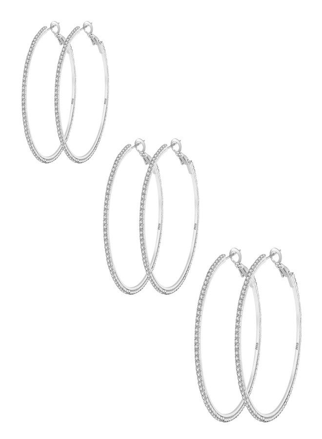 OOOPEL 925 Sterling Silver Earrings Large Rhinestone Hoop Earrings Big Cubic Zirconia Hoop Earrings Thin Rhinestones Round Hoop Earrings for Women 20/30/40/50/60/70mm Sparkly Hoops With Crystals for Girl, - Image 1