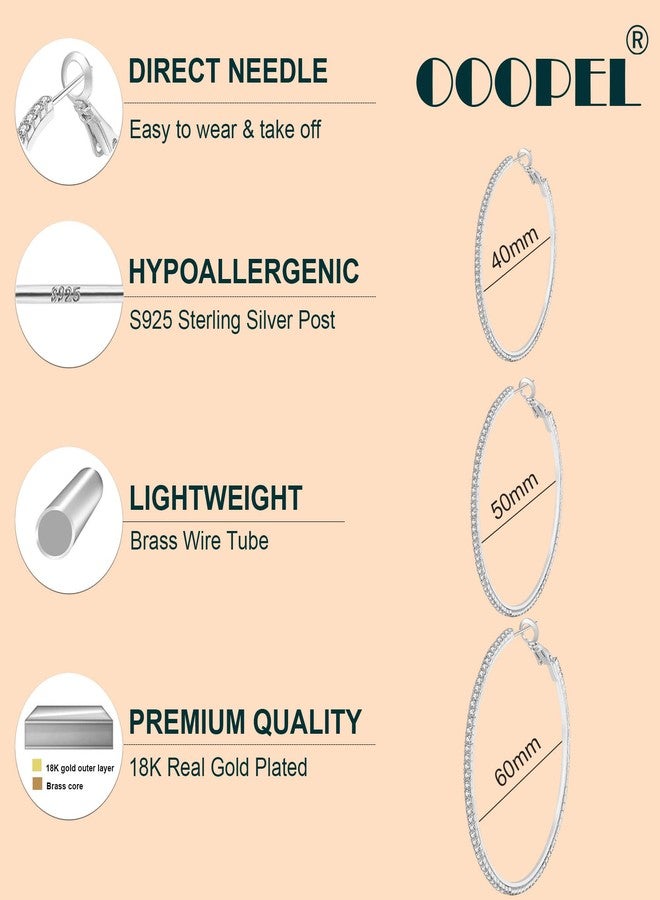 OOOPEL 925 Sterling Silver Earrings Large Rhinestone Hoop Earrings Big Cubic Zirconia Hoop Earrings Thin Rhinestones Round Hoop Earrings for Women 20/30/40/50/60/70mm Sparkly Hoops With Crystals for Girl, - Image 2