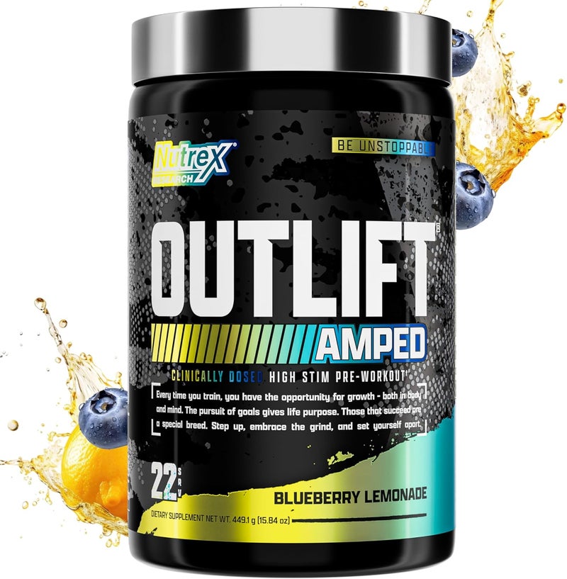 Nutrex Research OUTLIFT Amped Max Dosed HIGH STIM Pre Workout Powder 6G Citrulline 32G Beta Alanine Alpha GPC CognatiQ Extreme Energy Massive Pumps Electrolytes Nootropics Blueberry Lemonade  22 Serv - Image 1