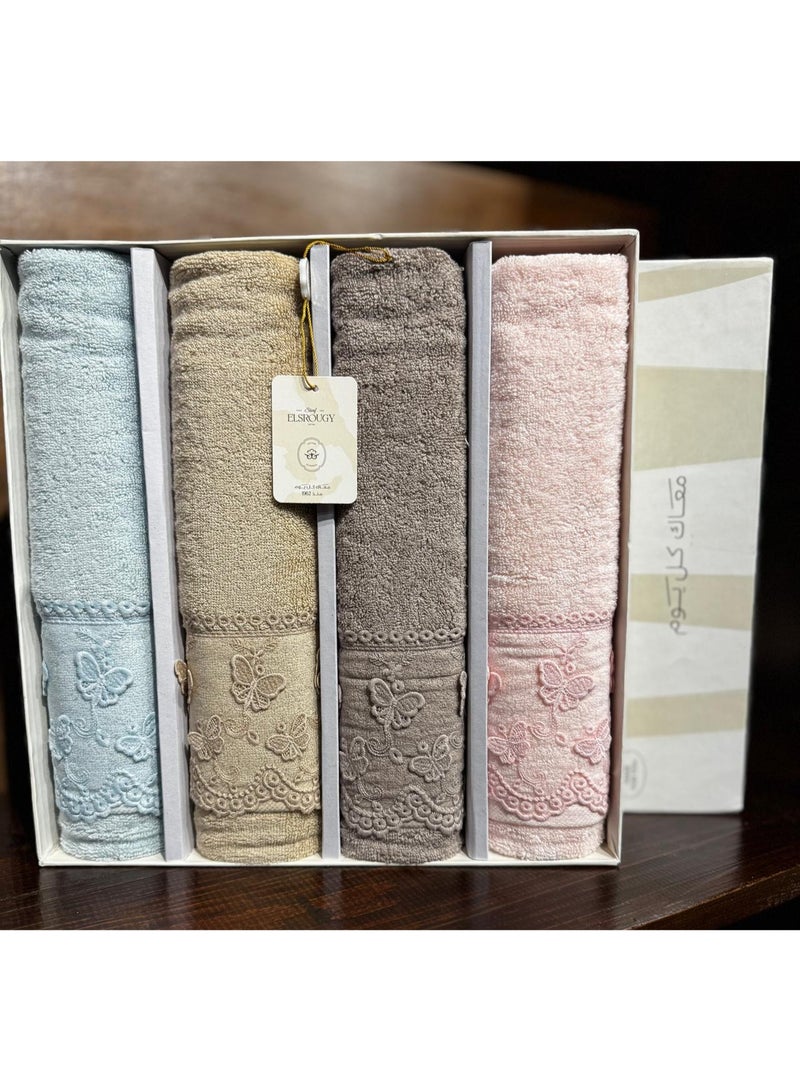 طقم فوط حمام فاخرة 100% قطن – عدد 4 فوط بتطريز أنيق