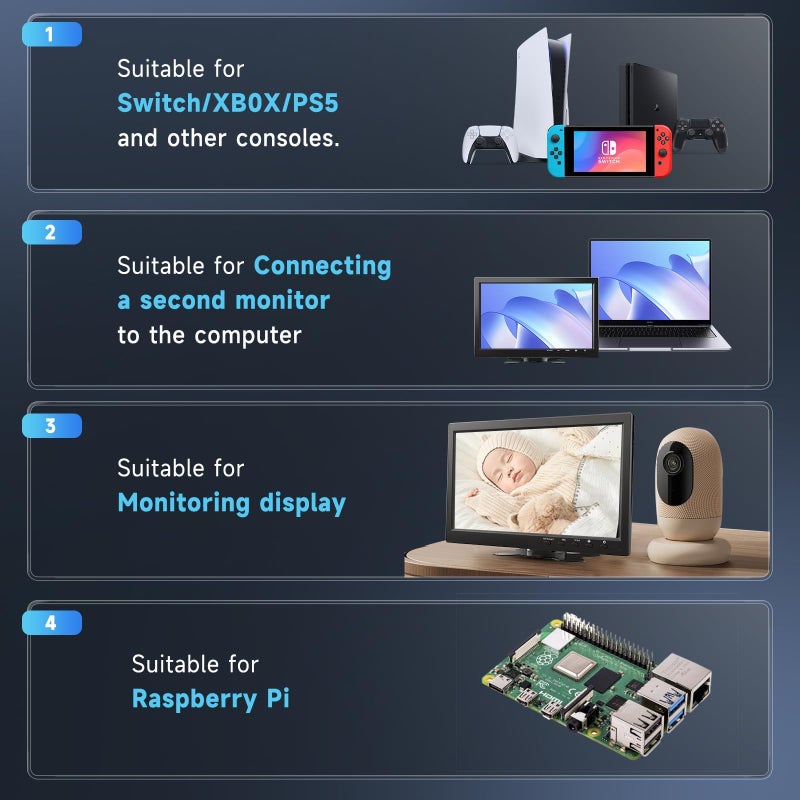 Podofo شاشة بودوفو 10.1 بوصة HD لتلفاز ميني ولاعب فيديو السيارة وعرض الكمبيوتر شاشة TFT LCD ملونة لكاميرا الرجوع للخلف ونظام الأمان المنزلي مع مكبر صوت مدمج تدعم BNC/AVI/VGA/HDMI - Image 5