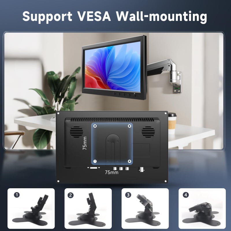 Podofo شاشة بودوفو 10.1 بوصة HD لتلفاز ميني ولاعب فيديو السيارة وعرض الكمبيوتر شاشة TFT LCD ملونة لكاميرا الرجوع للخلف ونظام الأمان المنزلي مع مكبر صوت مدمج تدعم BNC/AVI/VGA/HDMI - Image 2