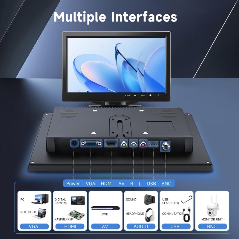 Podofo شاشة بودوفو 10.1 بوصة HD لتلفاز ميني ولاعب فيديو السيارة وعرض الكمبيوتر شاشة TFT LCD ملونة لكاميرا الرجوع للخلف ونظام الأمان المنزلي مع مكبر صوت مدمج تدعم BNC/AVI/VGA/HDMI - Image 3