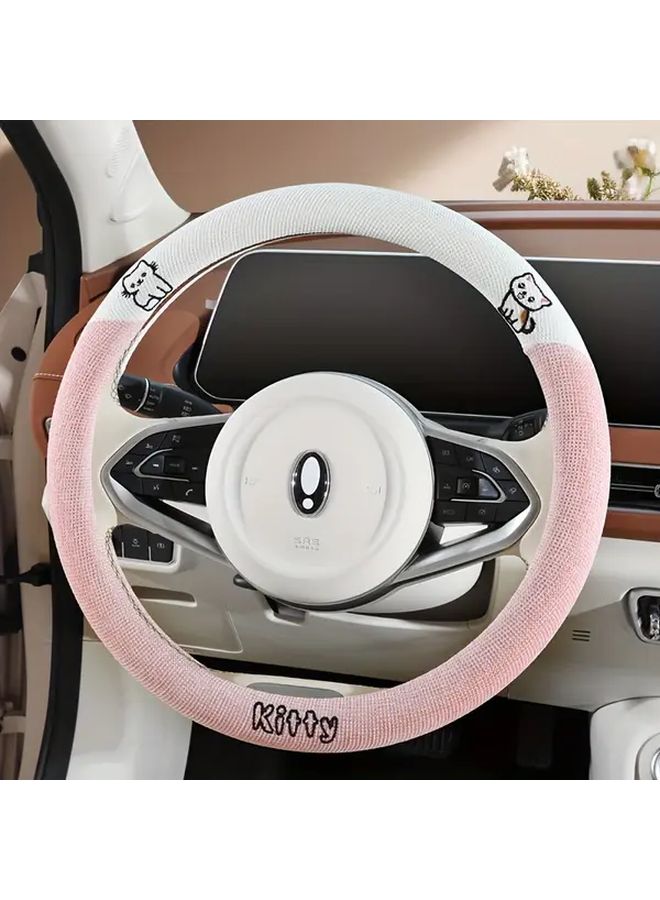 Linen Cute Cat And Dog Steering Wheel Cover Non Slip Grip Soft Breathable Fabric With Inner Circle Support All Season Comfort For Car Vehicle Interior Accessory Playful Car Decor Calm Black - Image 3