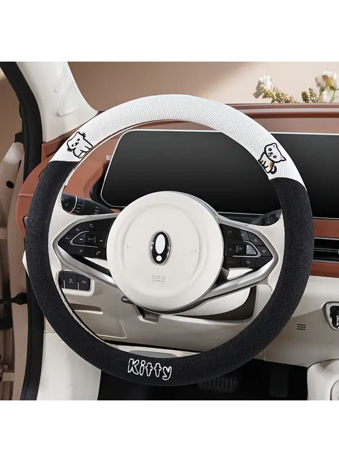 Linen Cute Cat And Dog Steering Wheel Cover Non Slip Grip Soft Breathable Fabric With Inner Circle Support All Season Comfort For Car Vehicle Interior Accessory Playful Car Decor Calm Black - Image 5