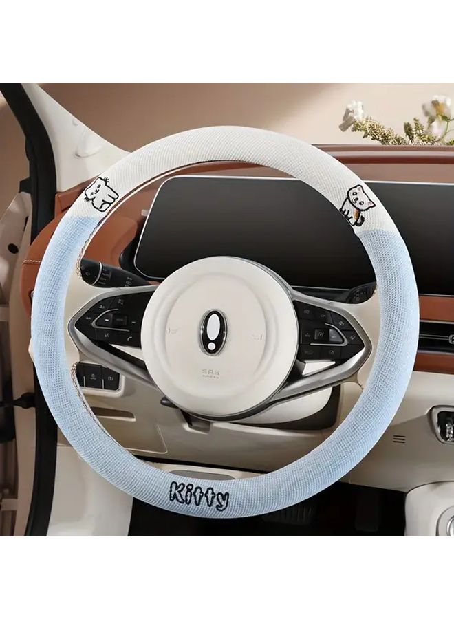 Linen Cute Cat And Dog Steering Wheel Cover Non Slip Grip Soft Breathable Fabric With Inner Circle Support All Season Comfort For Car Vehicle Interior Accessory Playful Car Decor Calm Black - Image 1