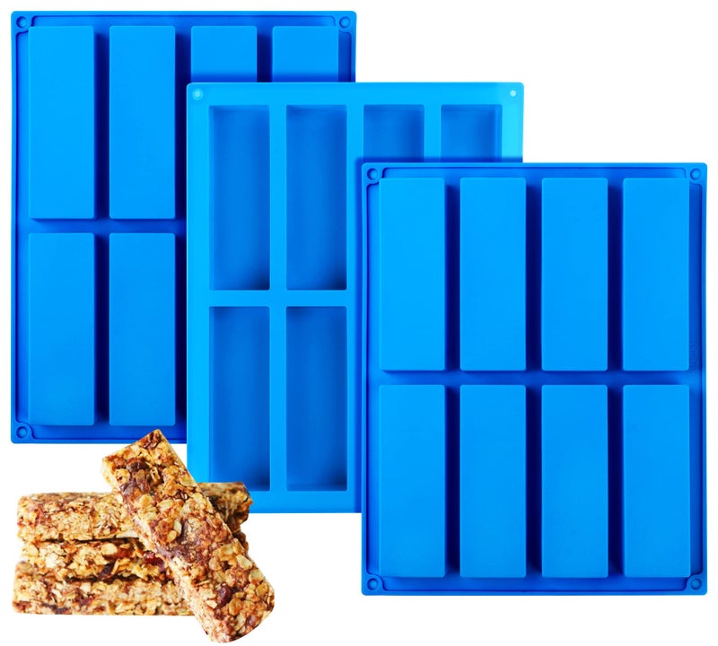 Sidosir 3Pcs Granola Bar Mold Silicone Mold, 8-Cavity Rectangle Molds for Energy Bar, Silicone Baking Molds for Large Granola Bar (3, Blue, 8-Cavity) - Image 1