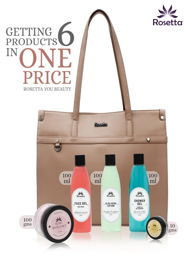 روزيتا مجموعة هدايا التجميل روزيتا 6 في 1 للنساء | حقيبة يد أنيقة بلون برونزي مع جل للوجه، لوشن الصبار، جل استحمام، ملح استحمام ومرطب شفاه | مجموعة سبا فاخرة. - Image 2