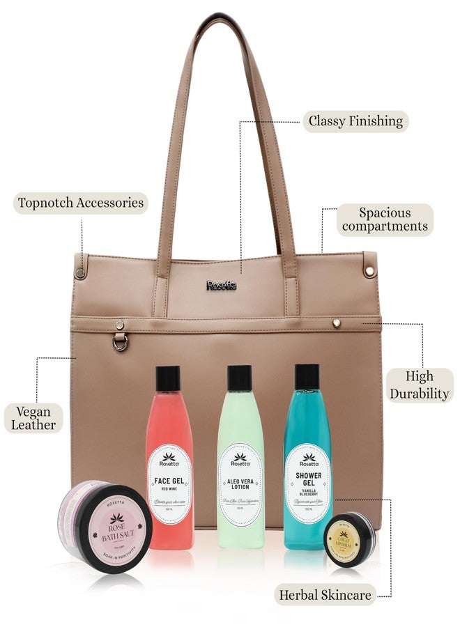 روزيتا مجموعة هدايا التجميل روزيتا 6 في 1 للنساء | حقيبة يد أنيقة بلون برونزي مع جل للوجه، لوشن الصبار، جل استحمام، ملح استحمام ومرطب شفاه | مجموعة سبا فاخرة. - Image 5