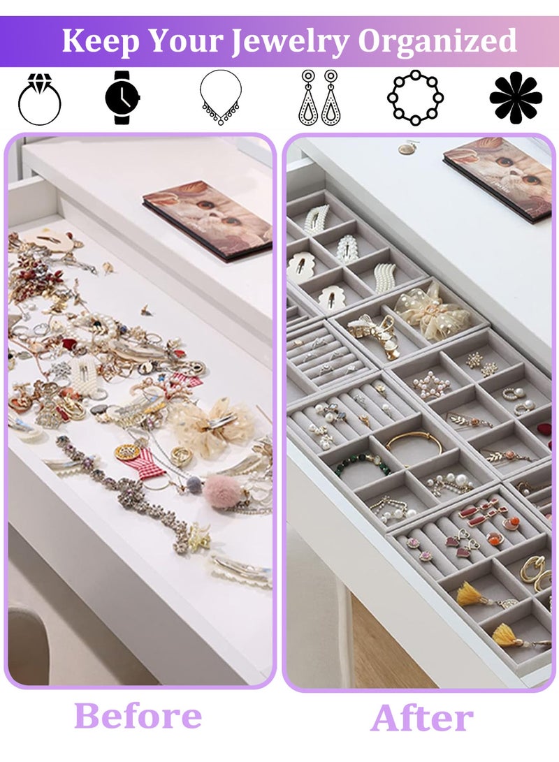 YIM-VIBEHAUS 6 Pack Jewelry Organizer Tray, Stackable Velvet Jewelry Trays, Drawer Jewelry Organizer for Women, Jewelry Storage Box, Display Case for Rings, Stud, Necklaces, brooches, hairpins and bracelets, Grey - Image 4