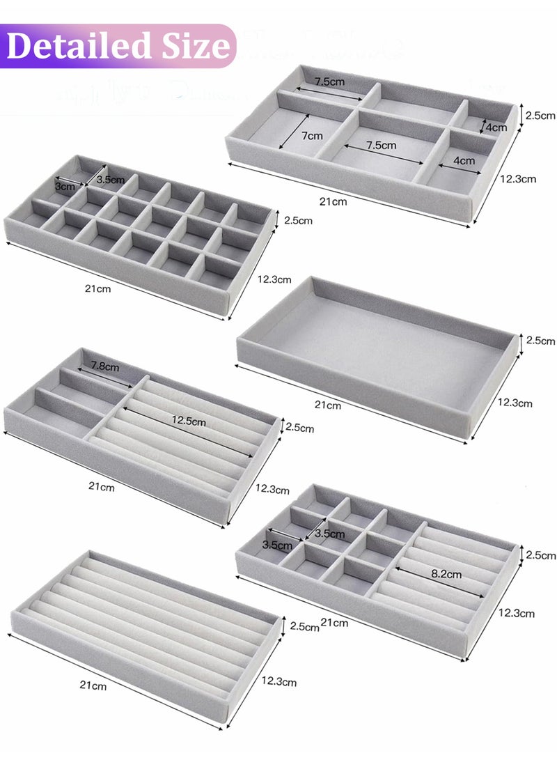 YIM-VIBEHAUS 6 Pack Jewelry Organizer Tray, Stackable Velvet Jewelry Trays, Drawer Jewelry Organizer for Women, Jewelry Storage Box, Display Case for Rings, Stud, Necklaces, brooches, hairpins and bracelets, Grey - Image 2
