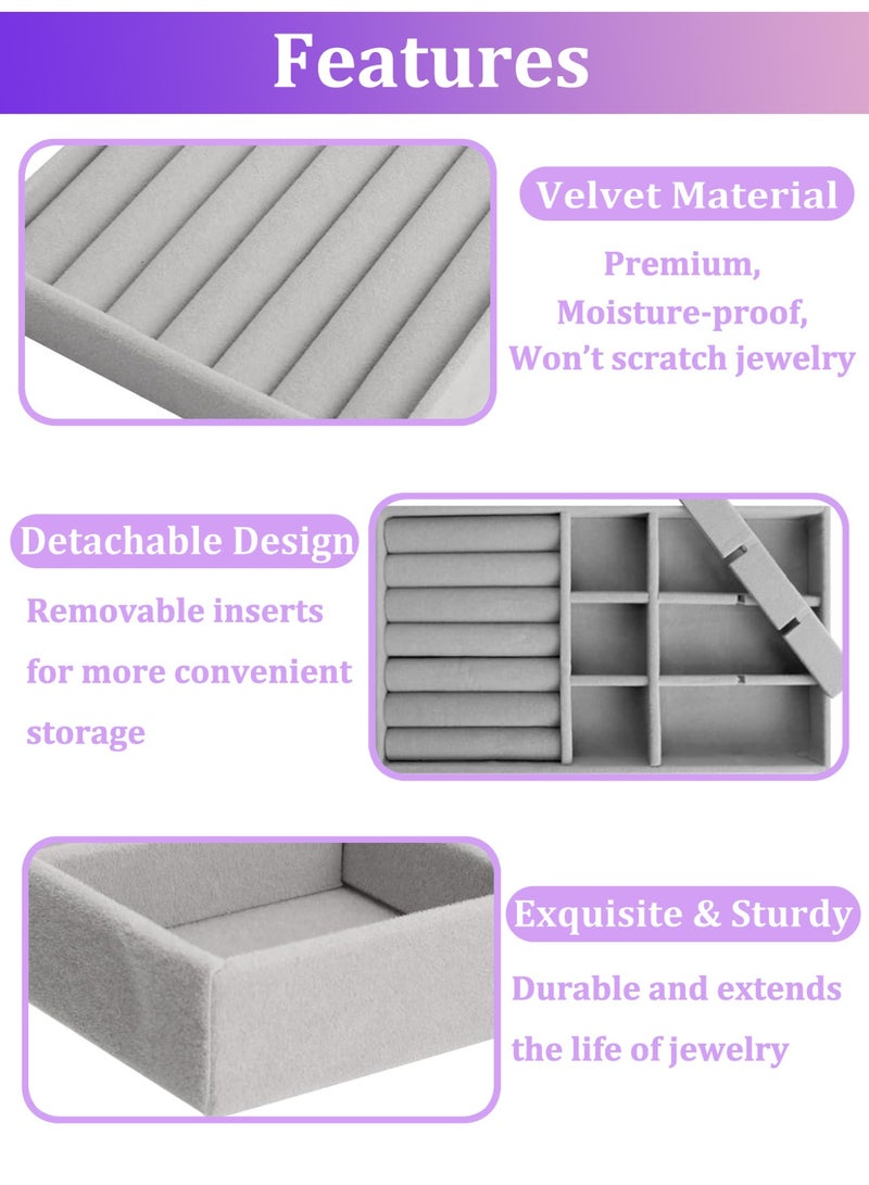 YIM-VIBEHAUS 6 Pack Jewelry Organizer Tray, Stackable Velvet Jewelry Trays, Drawer Jewelry Organizer for Women, Jewelry Storage Box, Display Case for Rings, Stud, Necklaces, brooches, hairpins and bracelets, Grey - Image 3