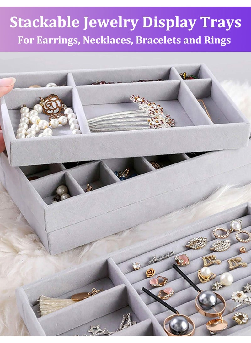 YIM-VIBEHAUS 6 Pack Jewelry Organizer Tray, Stackable Velvet Jewelry Trays, Drawer Jewelry Organizer for Women, Jewelry Storage Box, Display Case for Rings, Stud, Necklaces, brooches, hairpins and bracelets, Grey - Image 5
