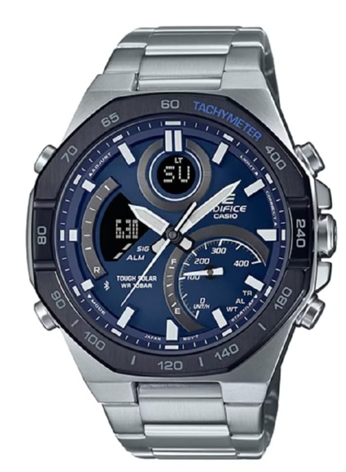 كاسيو ساعة اديفايس للرجال بنظام ربط للهواتف الذكية تعمل بالطاقة الشمسية وعرض انالوج رقمي ومينا ازرق وسوار من الستانلس ستيل ECB-950DB-2ADF من كاسيو, فضي - Image 1