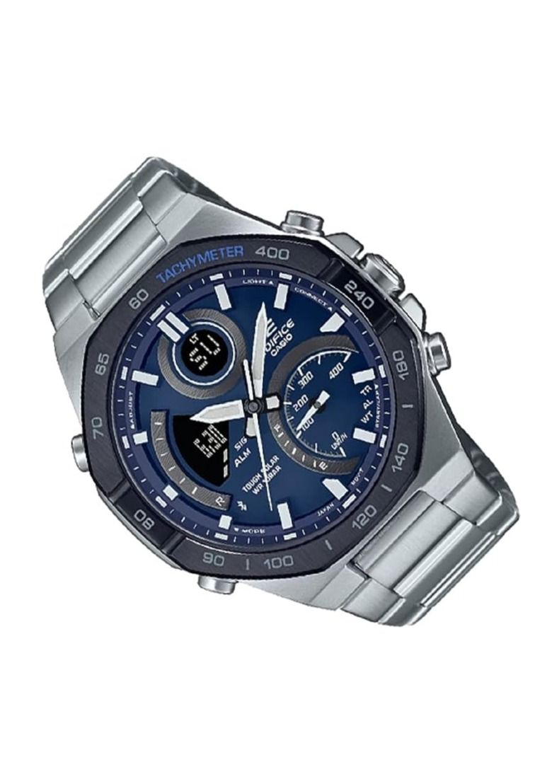 كاسيو ساعة اديفايس للرجال بنظام ربط للهواتف الذكية تعمل بالطاقة الشمسية وعرض انالوج رقمي ومينا ازرق وسوار من الستانلس ستيل ECB-950DB-2ADF من كاسيو, فضي - Image 3