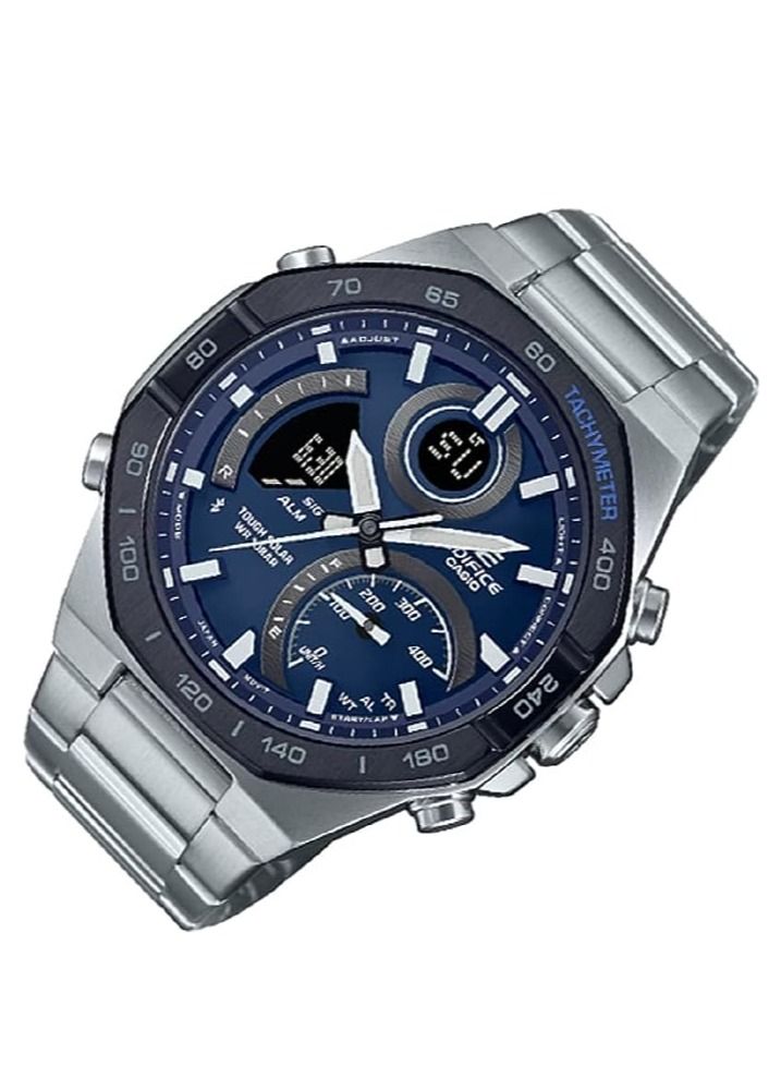 كاسيو ساعة اديفايس للرجال بنظام ربط للهواتف الذكية تعمل بالطاقة الشمسية وعرض انالوج رقمي ومينا ازرق وسوار من الستانلس ستيل ECB-950DB-2ADF من كاسيو, فضي - Image 2