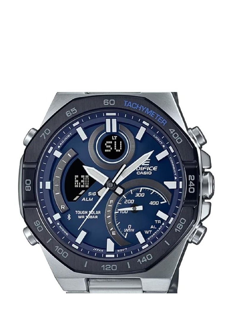 كاسيو ساعة اديفايس للرجال بنظام ربط للهواتف الذكية تعمل بالطاقة الشمسية وعرض انالوج رقمي ومينا ازرق وسوار من الستانلس ستيل ECB-950DB-2ADF من كاسيو, فضي - Image 4
