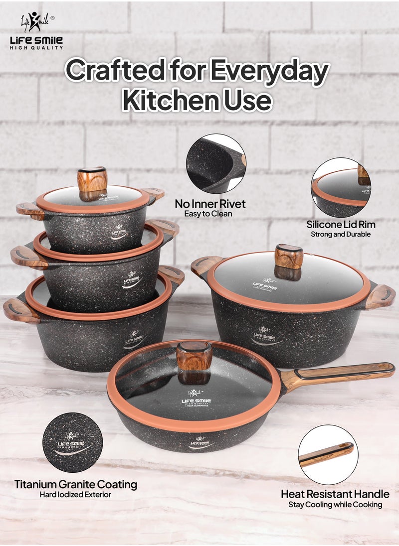 Life Smile - 10-Piece Cookware Set - Pots and Pan Set Induction Base, Titanium Granite Non Stick Coating 100% PFOA FREE, Kitchen Cooking Set with Stay Cool Handles (Brown) - Image 1