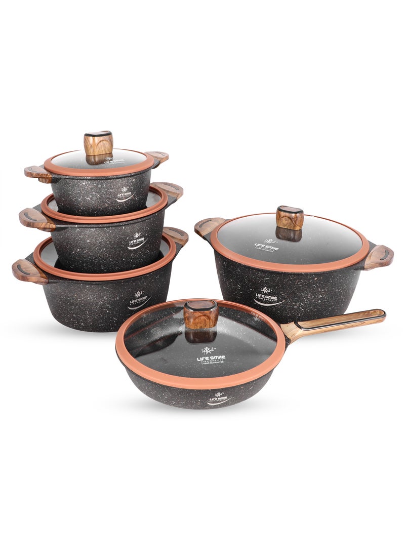 Life Smile - 10-Piece Cookware Set - Pots and Pan Set Induction Base, Titanium Granite Non Stick Coating 100% PFOA FREE, Kitchen Cooking Set with Stay Cool Handles (Brown) - Image 1