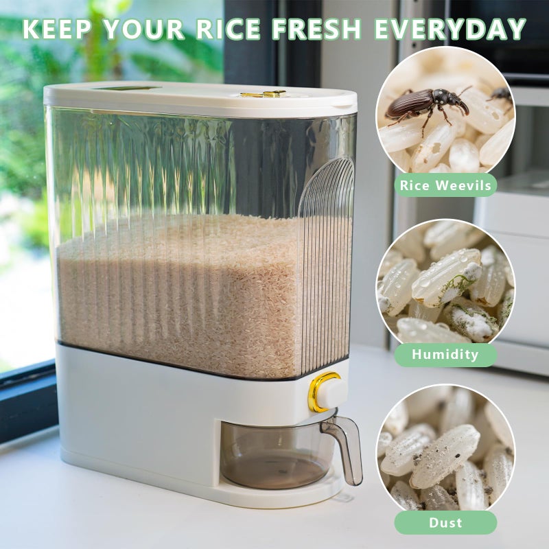 BERGFBV Rice Storage Container 10kg, Clear Food Grain Dispenser with Date Dial & Measuring Cup, Space-Saving Organizer for Rice, Cereal, Pet Food, Pasta - Image 3