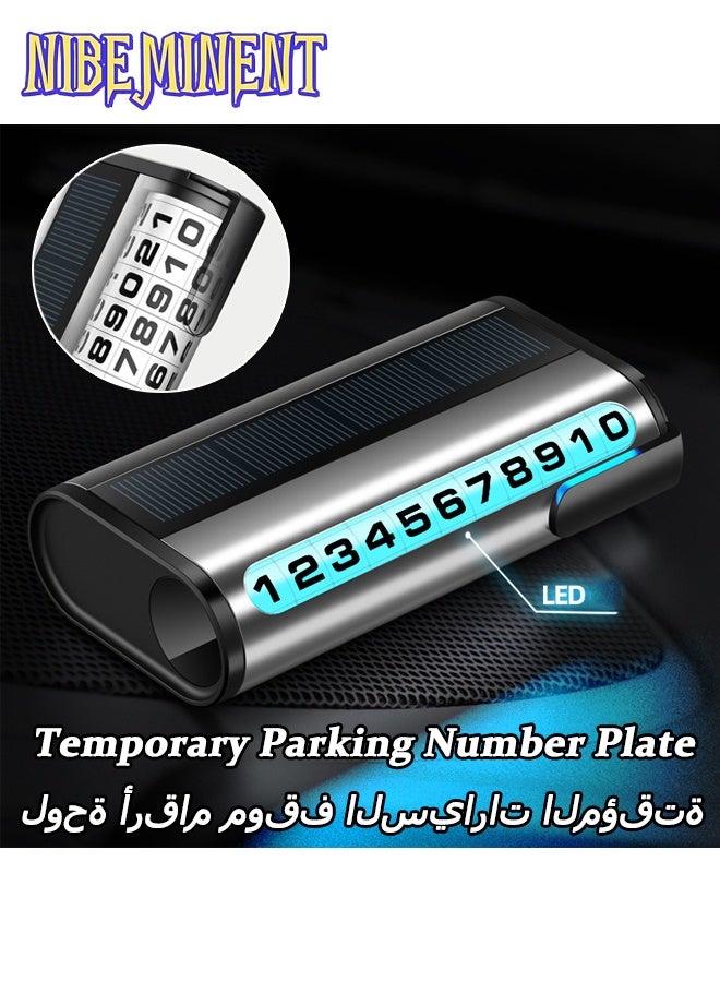 NIBEMINENT Car Temporary Parking Number Plate with Night Light, Solar-powered with No Charging Needed, Rotating Dial for Hidden Display, Premium Creative Move Card, Phone Holder, and Ornament, Silver - Image 1