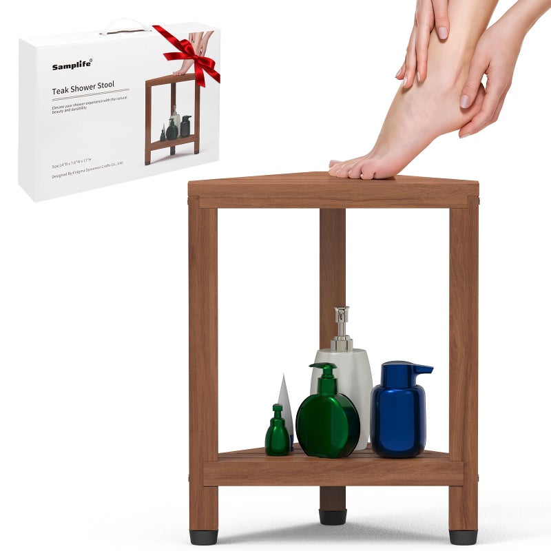 Samplife Corner Shower Stool for Shaving Legs Teak Corner Shower Bench Stools for Inside ShowerBathroom Shower Bench Seat Shower Foot Rest with Storage Shelf for Small Shower Spaces