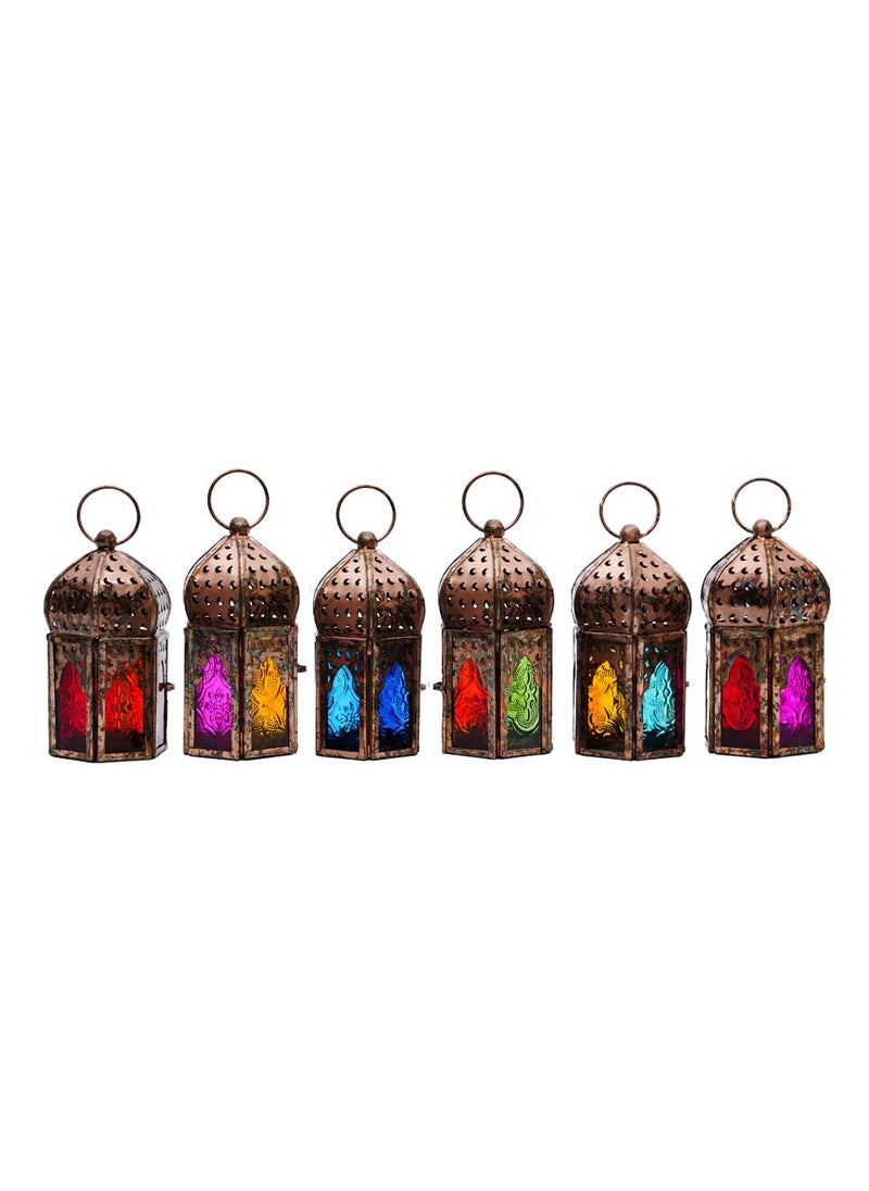 Hilalful HilalFul Mini Copper Antique Style Decorative Candle Holder Lanterns - Multicolor Glass (Set of 6) | For Home Decor in Eid, Ramadan, Wedding | Living Room, Bedroom, Indoor, Outdoor Decoration  - Image 2