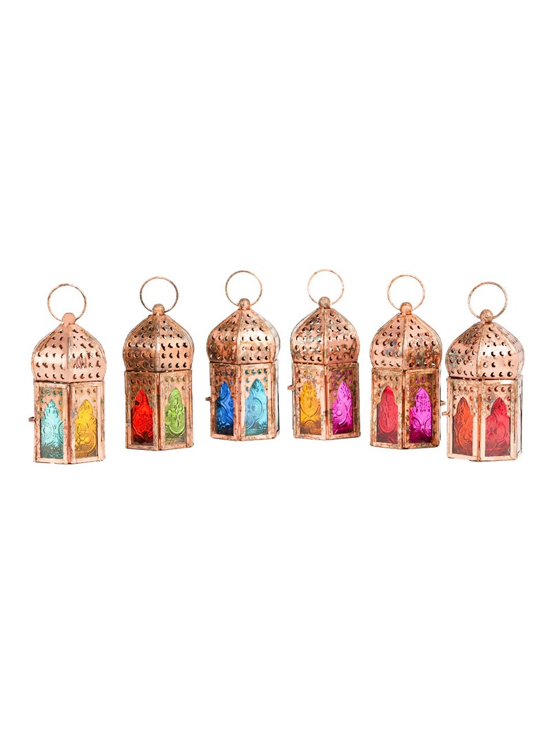 Hilalful HilalFul Mini Copper Antique Style Decorative Candle Holder Lanterns - Multicolor Glass (Set of 6) | For Home Decor in Eid, Ramadan, Wedding | Living Room, Bedroom, Indoor, Outdoor Decoration  - Image 1