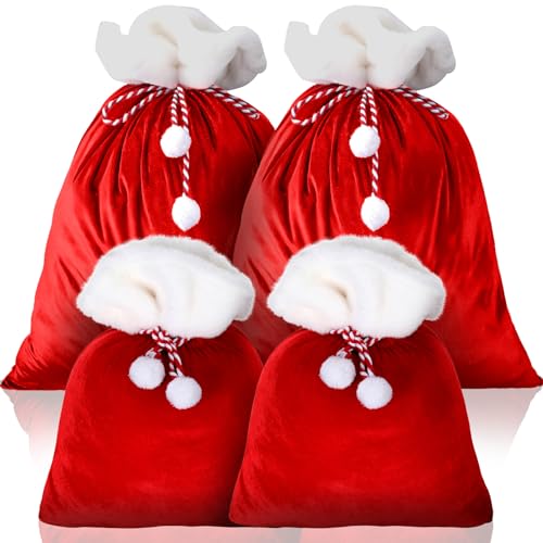 Shappy 4 Pcs Extra Large Velvet Santa Gift Bags Bulk 35 x 28 28 x 20 Luxury Jumbo Gift Sacks with Drawstring Giant Christmas Bags Wrapping for Xmas Toys Santa CostumeRed - Image 1