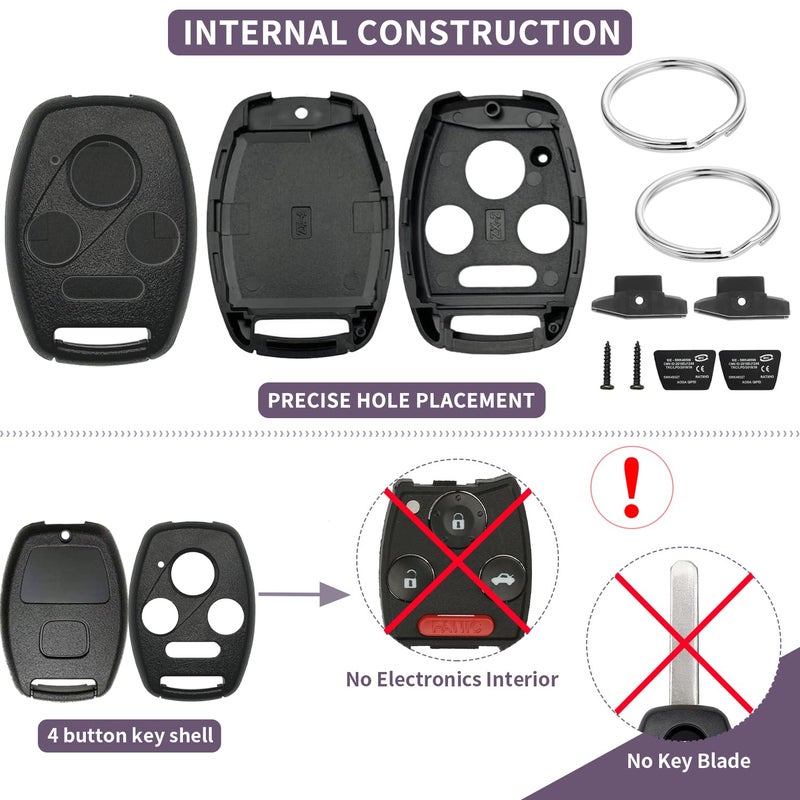 JJCHQ 2 Pack Key Fob Shell Replacement for Honda Accord 2003-2012 / Civic EX 2006-2013 / Pilot 2009-2015 / CR-V 2005-2006 4 Button Car Keyless Entry Remote Control Key Fob Case Cover - NO Cutting Require - Image 2