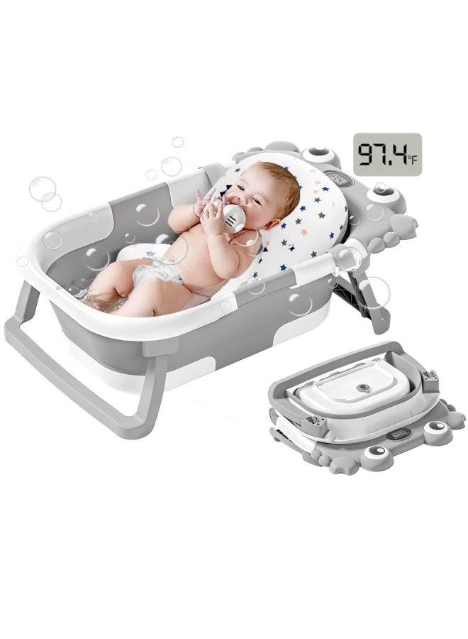 لففا حوض استحمام قابل للطي للأطفال الرضع مع مقياس حرارة، حوض استحمام قابل للطي للأطفال الرضع، مع وسادة عائمة ناعمة وفتحة تصريف، أحواض استحمام محمولة للسفر للأطفال حديثي الولادة إلى الأطفال الصغار من عمر 0 ​​إلى 36 شهرًا - Image 1
