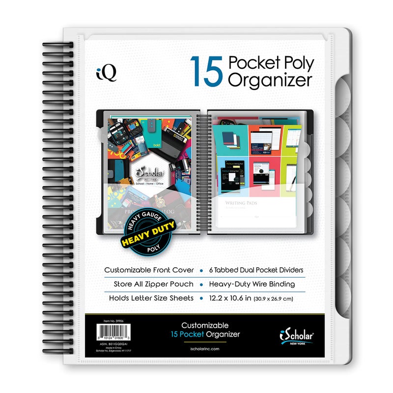 iScholar iQ+ 15 Pocket Organizer, 12.2 x 11 Inches, Tabbed Dividers, White (39906-WH)