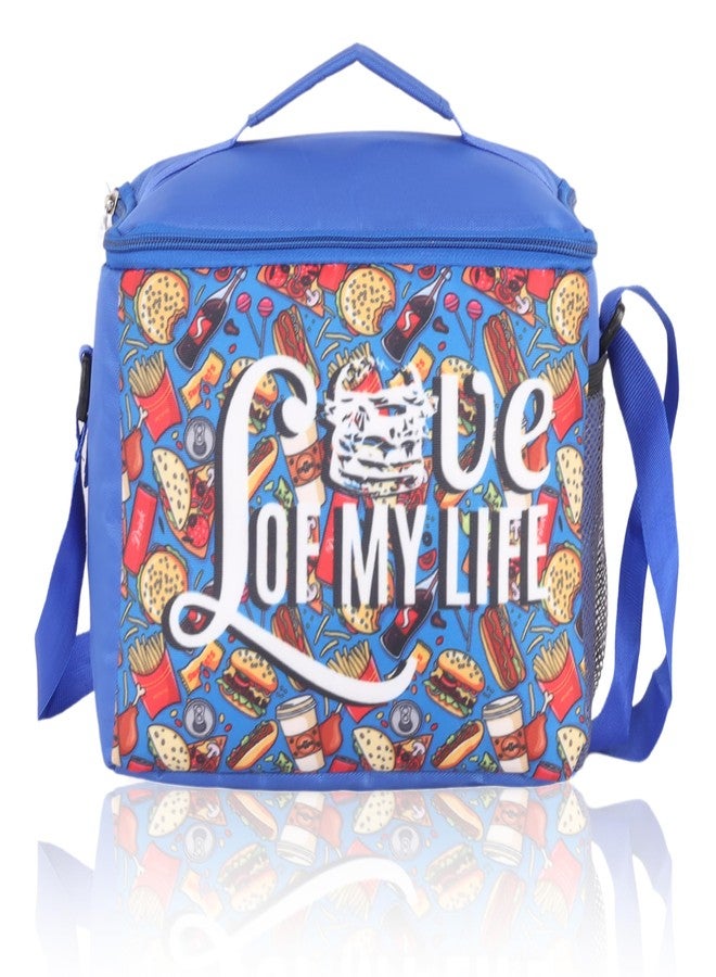 Echo Boomers Food Printed Insulated Lunch Bag, Tiffin and Food Storage Bag for Work, Students, Office, Picnic, College & School with Bottle Holder & Multiple Zipper Pockets (Blue - Image 1