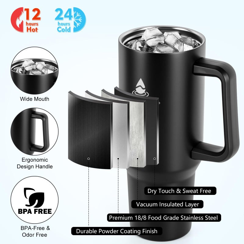 SYACOT 40 oz Tumbler with Handle and Straw or Convert to 40 oz Insulated Water Bottle Fits in Cup Holder. Stainless Steel Metal Water Flask with 2 Lids for Travel,Camping,Gym Sports Coffee Mug Thermal Cup - Image 3