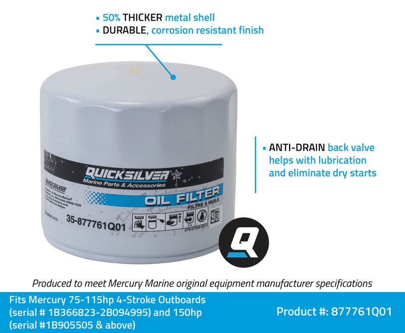 Quicksilver 877761Q01 Oil Filter for Select Mercury and Mariner 75-115hp Outboards and 150hp EFI 4-Stroke Outboards - Image 2