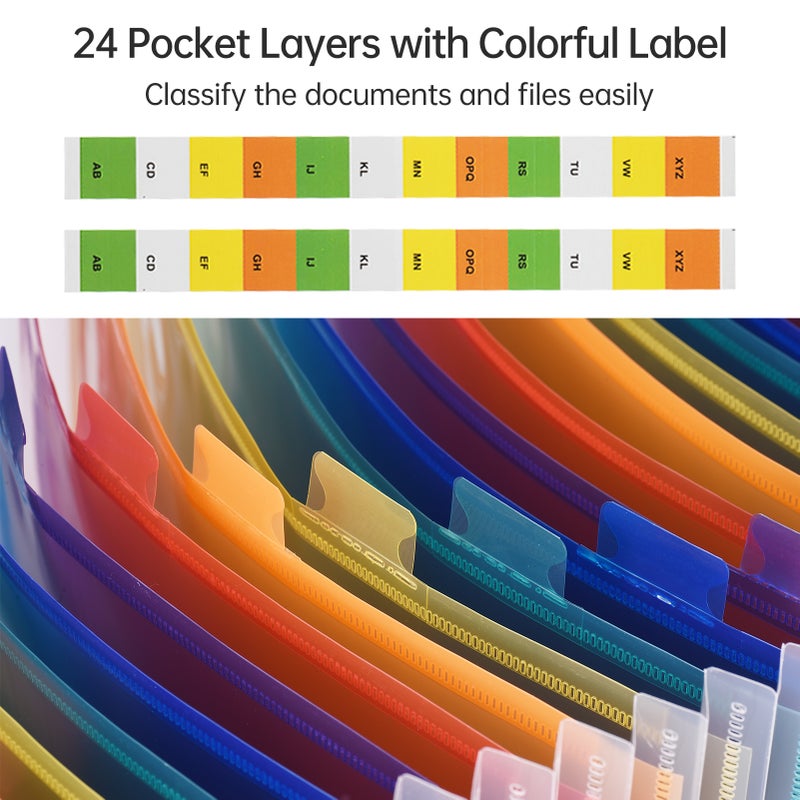 Accordian File Folder Organizer with Handle 24 Pockets Expanding File Case A4 Letter Size Document Organizer Rainbow Color for Home Office School Paperwork Paper Keeper Invoice Receipt Bill Document - Image 3